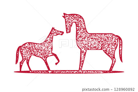母馬和小馬的新年賀卡郵票風格插圖 母馬和小馬的新年賀卡郵票風格插圖 128960892