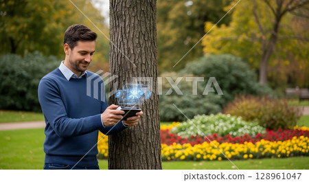 Handsome man using smart phone in the park. Technology concept. 128961047