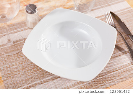 Empty plate with fork and knife 128961422