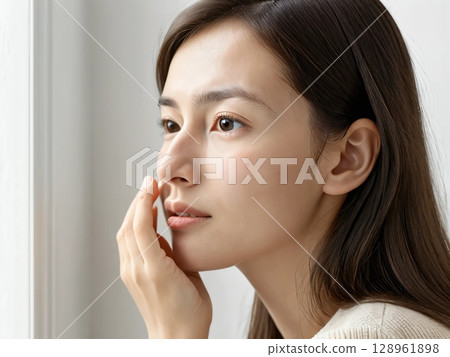 Woman worried about her skin Woman worried about her skin 128961898