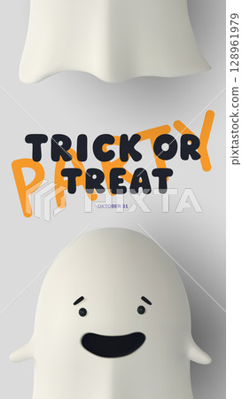 Vertical Halloween poster with two 3D cartoon ghosts, Trick or Treat and Party text. Minimalist fun composition for seasonal celebration, flyer, invitation, or mobile social media post. Vector Vertical Halloween poster with two 3D cartoon ghosts, Trick or Treat and Party text. Minimalist fun composition for seasonal celebration, flyer, invitation, or mobile social media post. Vector 128961979