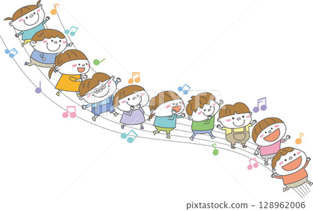 孩子們在五線譜上快樂行進的插圖 | 與音樂和微笑相連的教育和兒童保育場景 128962006