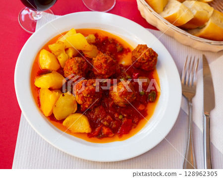 Albondigas, hot stew tomato soup with meatballs Albondigas, hot stew tomato soup with meatballs 128962305