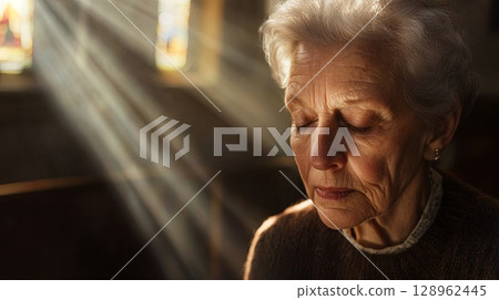 Elderly woman with eyes closed, receiving communion in church, soft beams of light surrounding her . Elderly woman with eyes closed, receiving communion in church, soft beams of light surrounding her . 128962445
