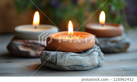 Creating unique candle holders from clay or stones for a natural look. . 128962452