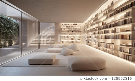 A minimalist library with clean white shelves, soft lighting, and comfortable seating. . A minimalist library with clean white shelves, soft lighting, and comfortable seating. . 128962516