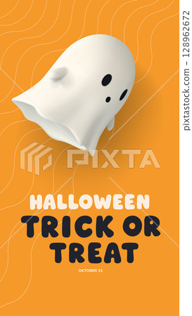 Vertical Halloween poster with a floating 3D ghost and bold Trick or Treat text on an orange background. Playful and festive design for seasonal flyers, invitations, and social media use. Vector 128962672