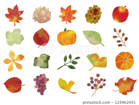 一組各種秋季水彩材料 128962691