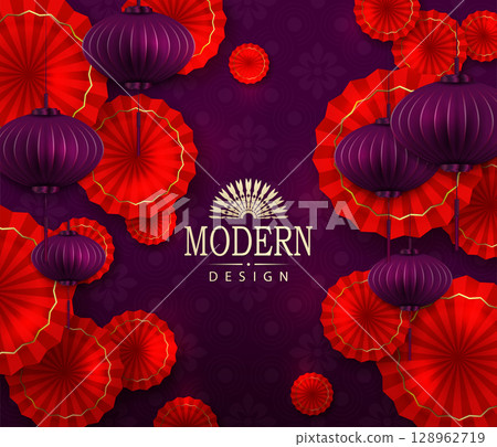 Chinese New Year. Exquisite purple illustration with red fans with a golden border 128962719