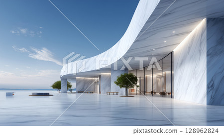 白色弧形玻璃建築前的廣場 白色弧形玻璃建築前的廣場 128962824