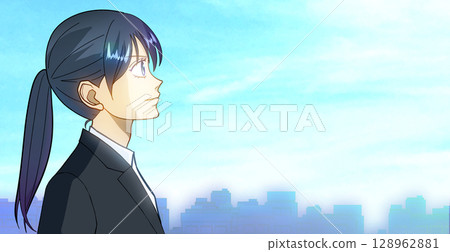 動漫風格的插圖,描繪了一位身穿制服的女學生或女職員的側面像,她仰望著城市中的藍天,面朝右側,右側留有空白 動漫風格的插圖,描繪了一位身穿制服的女學生或女職員的側面像,她仰望著城市中的藍天,面朝右側,右側留有空白 128962881