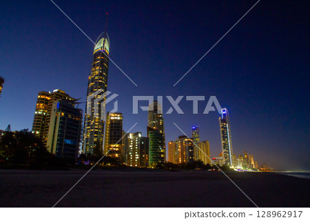 Night view of the beach and skyscrapers of the Gold Coast, Queensland, Australia Night view of the beach and skyscrapers of the Gold Coast, Queensland, Australia 128962917