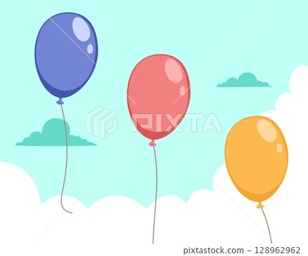 Blue, Red, Yellow Balloons in Sky Vector Illustration 128962962