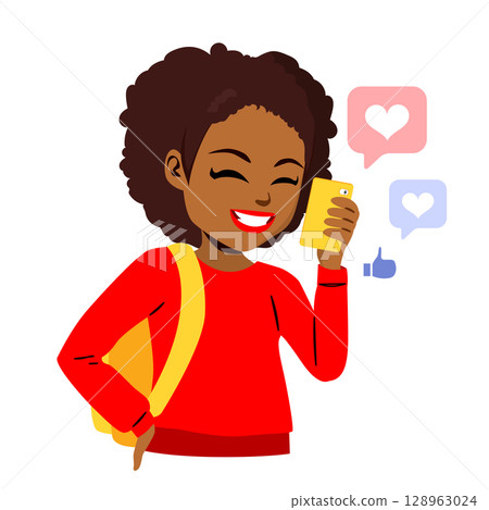 Teen Girl Getting Positive Comments on Social Media Cartoon Vector Illustration Teen Girl Getting Positive Comments on Social Media Cartoon Vector Illustration 128963024