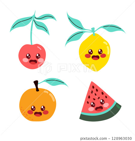Set of Cute Fruit Characters Vector Illustration 128963030