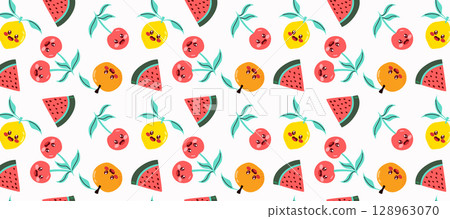 Panoramic Background of Cute Fruit Characters Vector Illustration 128963070