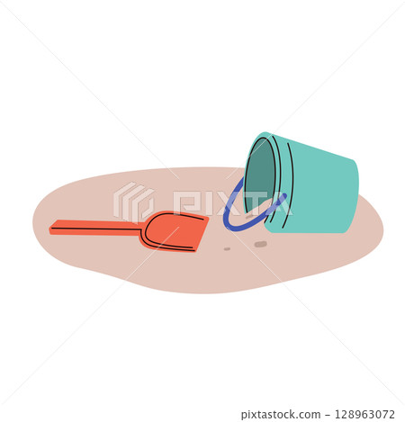 Beach Bucket and Shovel on Sand Vector Illustration Beach Bucket and Shovel on Sand Vector Illustration 128963072