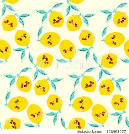 Seamless Flat Pattern of Lemon Characters on Yellow Background 128963077