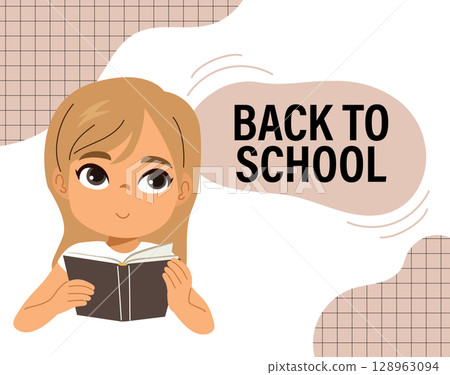 Cartoon Girl with Book and Back to School Text Vector 128963094