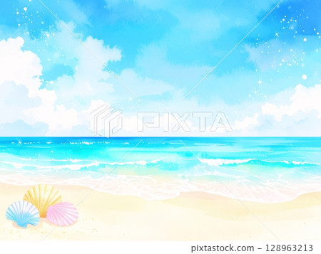 藍色的大海和貝殼:溫柔的夏日海濱風景(水彩風格) 藍色的大海和貝殼:溫柔的夏日海濱風景(水彩風格) 128963213