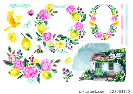 Garden watercolor cottage hand drawn 128963330