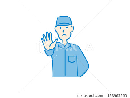 A worker with a troubled look on his face stops the work 128963363