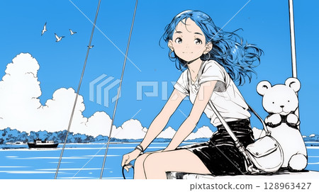 Summer vacation memories: A solo trip to a seaside town (simple colors) 128963427