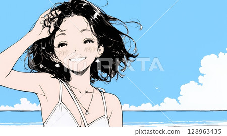 Summer vacation memories: A solo trip to a seaside town (simple colors) 128963435