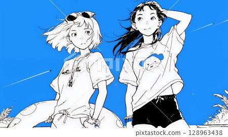 Summer vacation memories: Going to the beach with friends (simple colors) 128963438