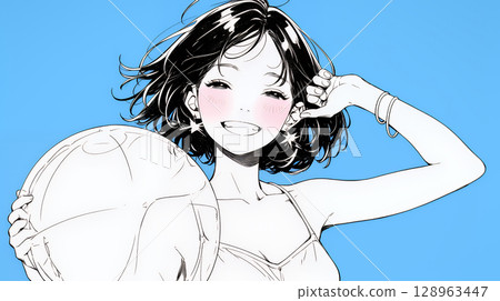 Summer vacation memories: Going to the beach with friends (simple colors) 128963447