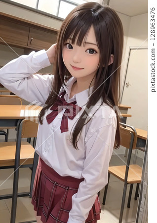 A high school girl smiling and brushing her hair back 128963476