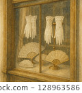 Artwork with buds, woven gloves and folded fans on display | Retro style | Watercolor painting 128963586