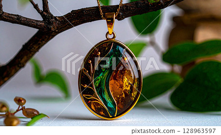 手工製作的金色樹脂吊墜和獨特的工藝品 128963597