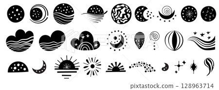 Creative black and white illustrations of celestial and abstract designs in a seamless layout 128963714