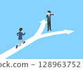 Isometric illustration of a man in a suit pointing the way to a younger man 128963752