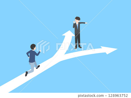 Isometric illustration of a man in a suit pointing the way to a younger man Isometric illustration of a man in a suit pointing the way to a younger man 128963752