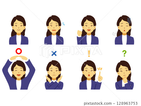 一組具有各種表情和姿勢的女性插圖 一組具有各種表情和姿勢的女性插圖 128963753