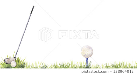 Seamless border of golf club hitting ball on grass in watercolor 128964012