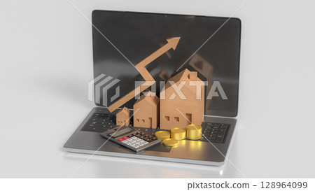 The House and Arrow up on laptop for Business concept 3d Rendering. 128964099