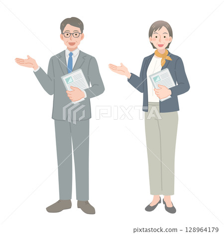 中年商人和婦女拿著文件發出指示 128964179