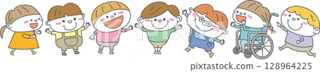 Illustration of various children smiling and standing in a row | Diversity, inclusion, vector material 128964225