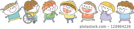 各種孩子微笑著站成一排的插圖 | 多元、包容、向量素材 128964226