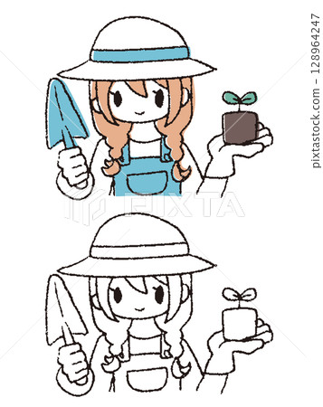 Hand drawn girl with seedlings Hand drawn girl with seedlings 128964247