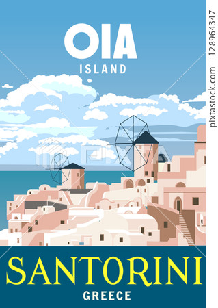 Poster Travel Greece Santorini, old village Oia windmills, old Mediterranean 128964347