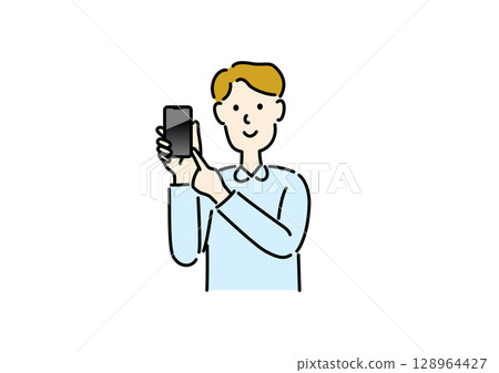 man pointing at smartphone man pointing at smartphone 128964427