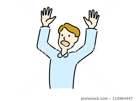 Surprised man with his hands up 128964447