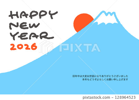 Simple and cute hand-drawn New Year's card template of Mt. Fuji and first sunrise 2026 128964523