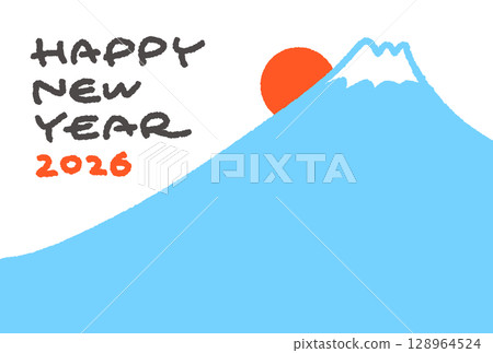 Simple and cute hand-drawn New Year's card template of Mt. Fuji and first sunrise 2026 Simple and cute hand-drawn New Year's card template of Mt. Fuji and first sunrise 2026 128964524