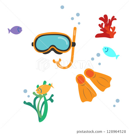 Snorkel set and underwater illustration 128964528