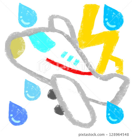 Simple illustration, crayon touch, airplane flying in bad weather 128964548